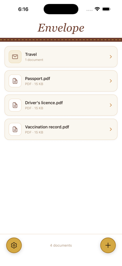 The Envelope home screen listing a Travel envelope, a passport, a driver's licence and a vaccination record.