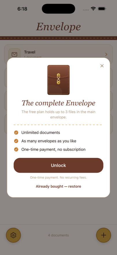 The unlock screen: unlimited documents, unlimited envelopes, one-time payment.